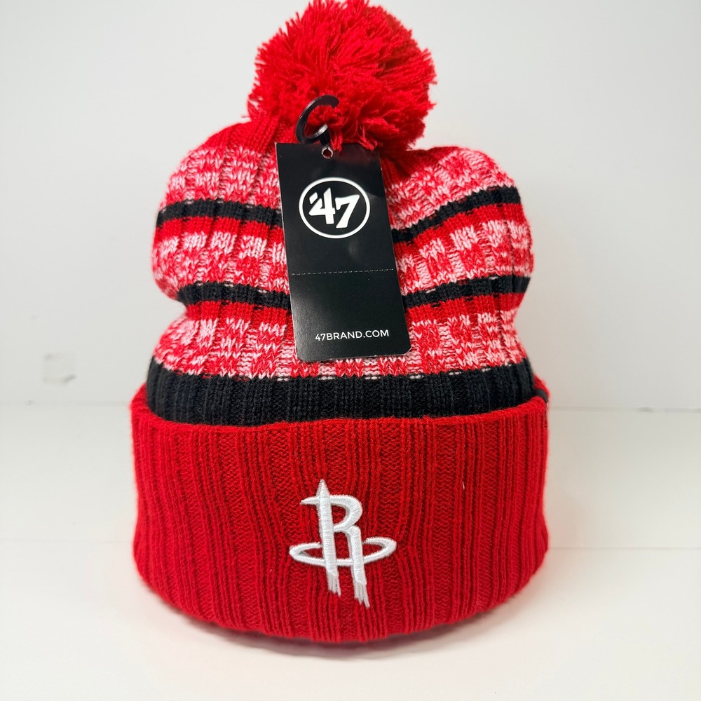 Houston Rockets 47 Brand Beanie Hat Unisex OSF Red Striped Pom Pom NBA Knit Cap